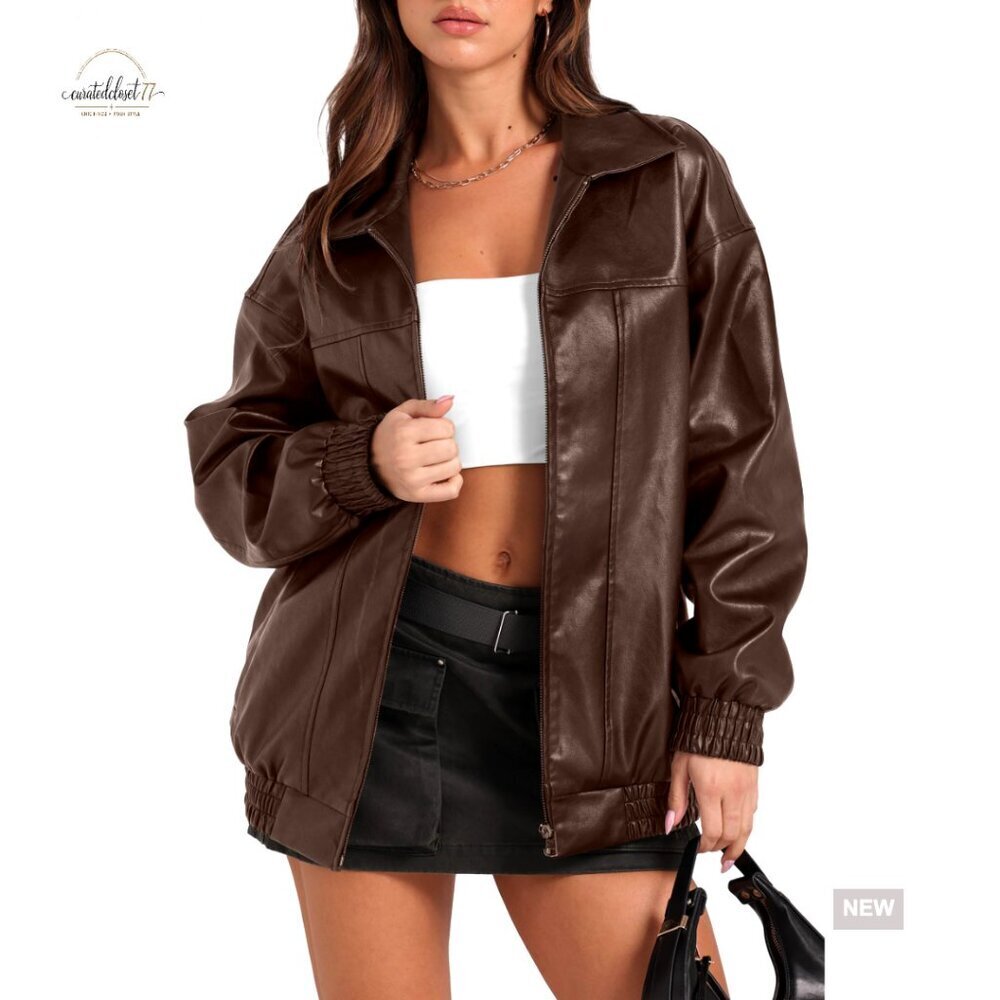 Oversized Faux Leather Motorcycle Bomber Jacket Women's Winter Coat